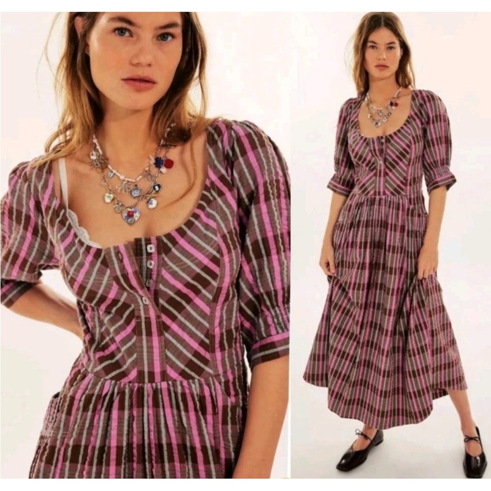 NEW! Free People Tulie Plaid Cotton Puffy Sleeve Boho Western Maxi Dress! Size L